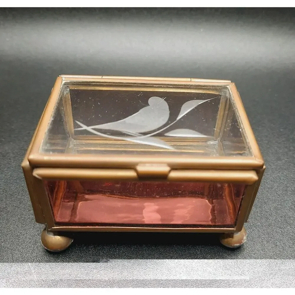 VTG Brass Glass Bird Trinket Box Pink Amethyst Slag Footed Hecho En Mexico